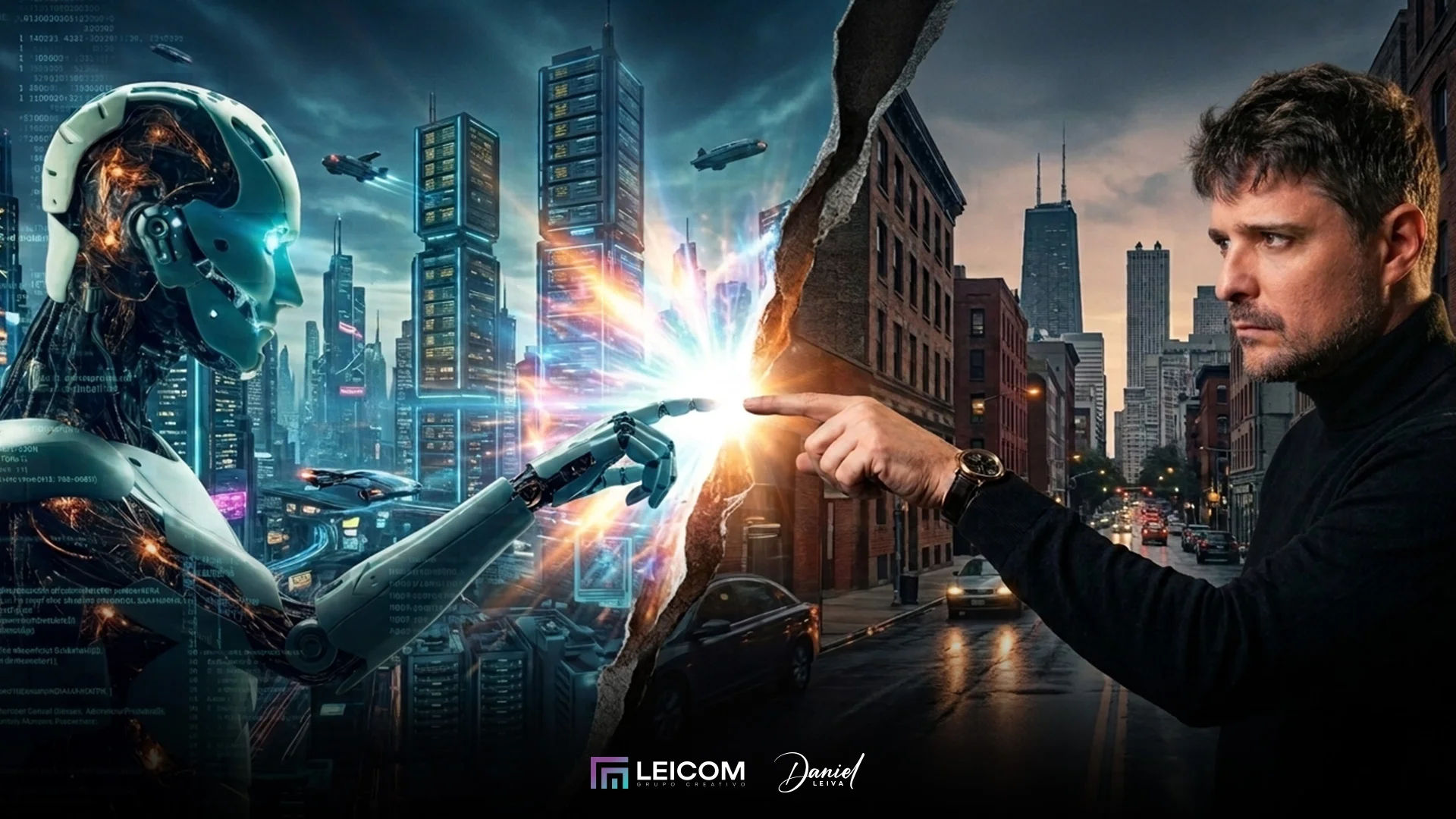Composición cyberpunk de una mano humana y una mano robótica encontrándose, representando la unión entre estrategia humana e Inteligencia Artificial